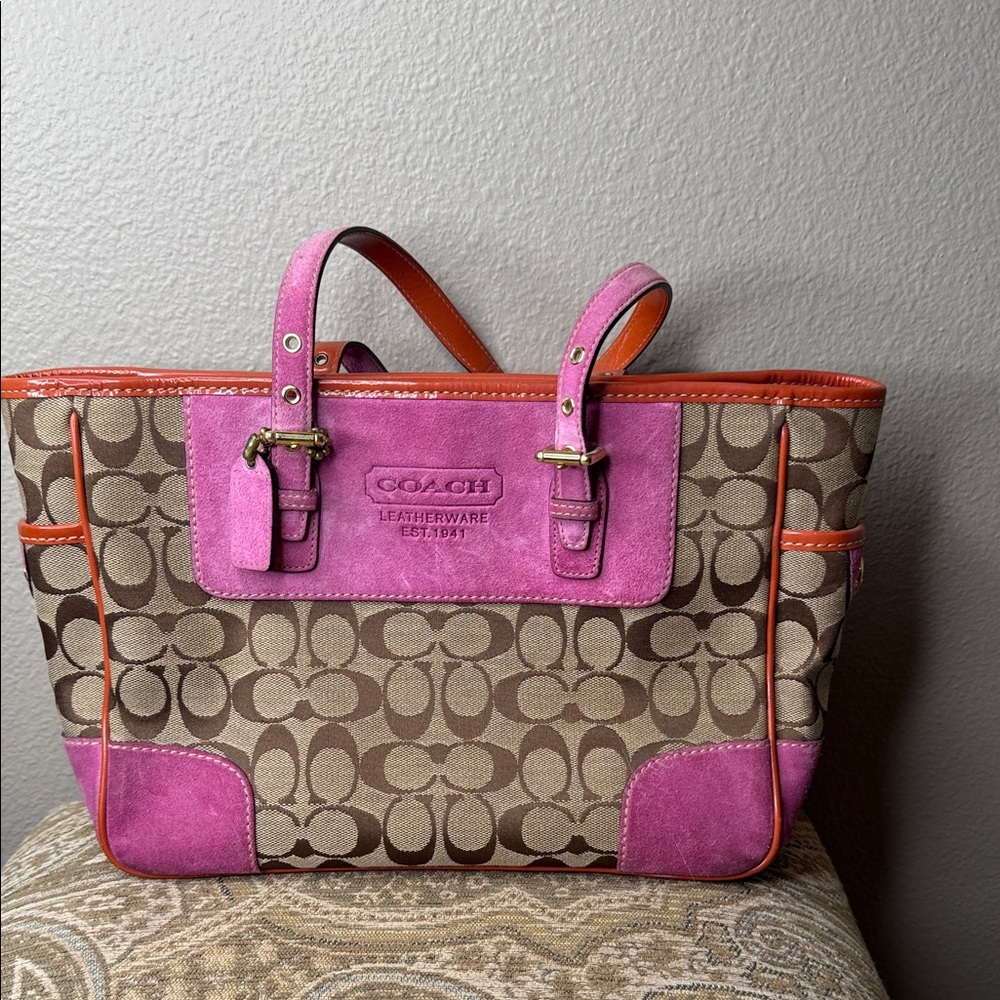 Vintage Coach Tan and Pink Signature Tote